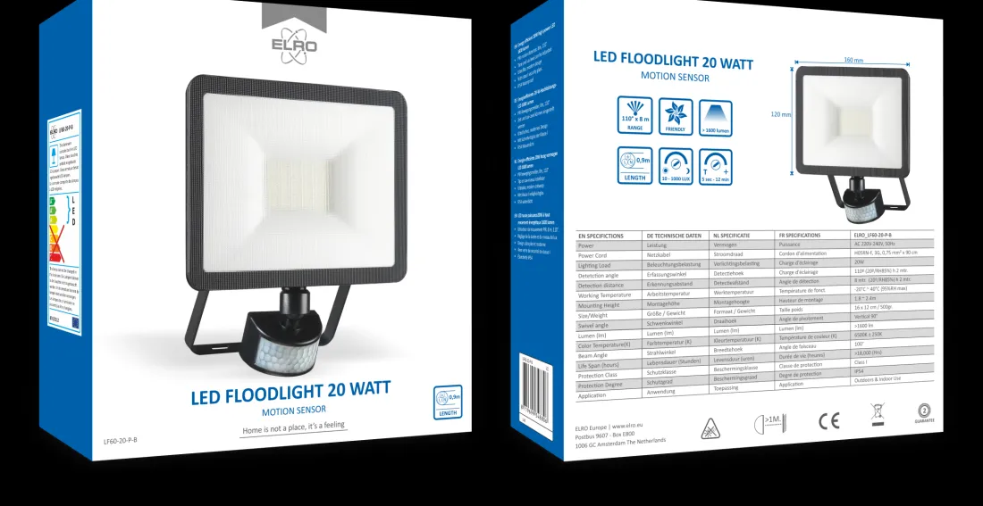 design_led_buitenlamp_met_1.webp Floodlight*ELRO Design Led Buitenlamp Met Bewegingssensor - 20W – 1600Lm – Ip54 Waterdicht - Zwart (Lf60-20-P-B)